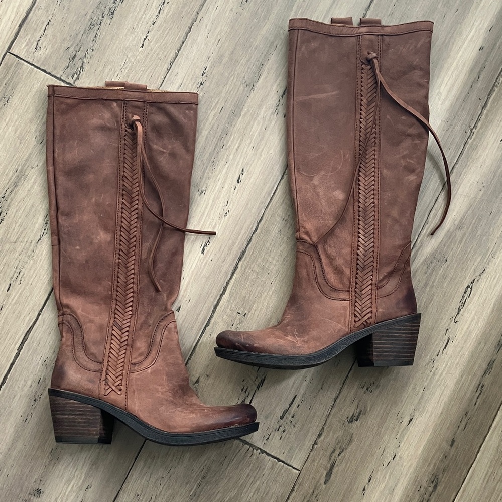 Nine West Vintage Western Brown Oiled Leather Knee-High Riding Boots Braided 7.5
